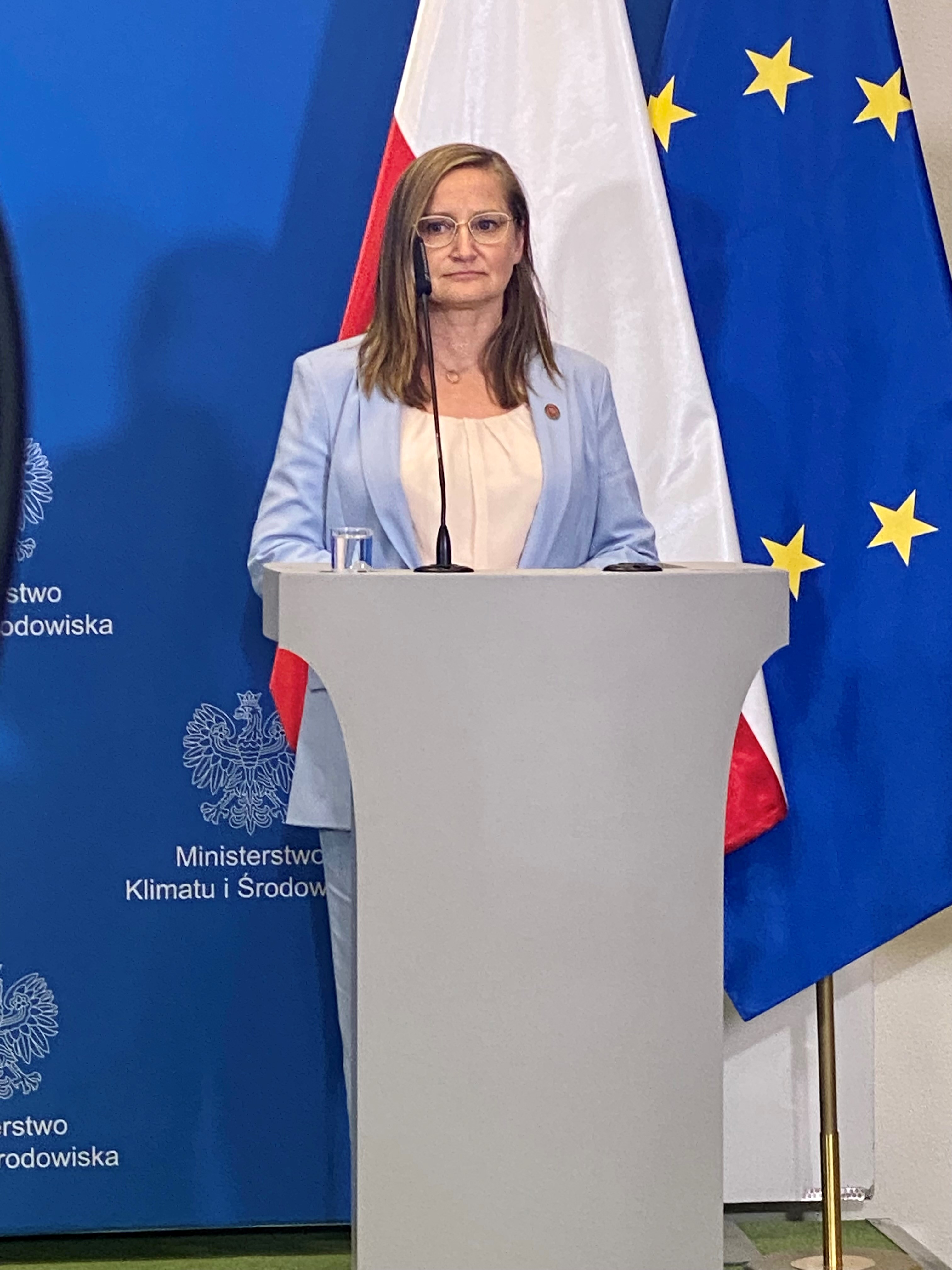 Kobieta stojąca przy mównicy w tle flagi polski i UE