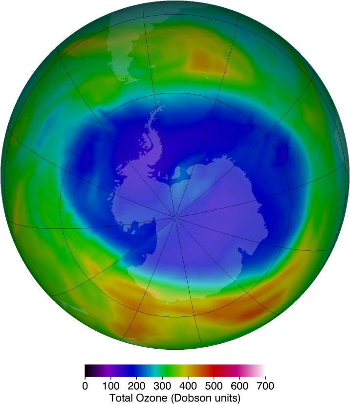 Dziura ozonowa nad półkulą południową w fazie maksymalnego rozwoju. źródło: “NASA Ozone Watch”