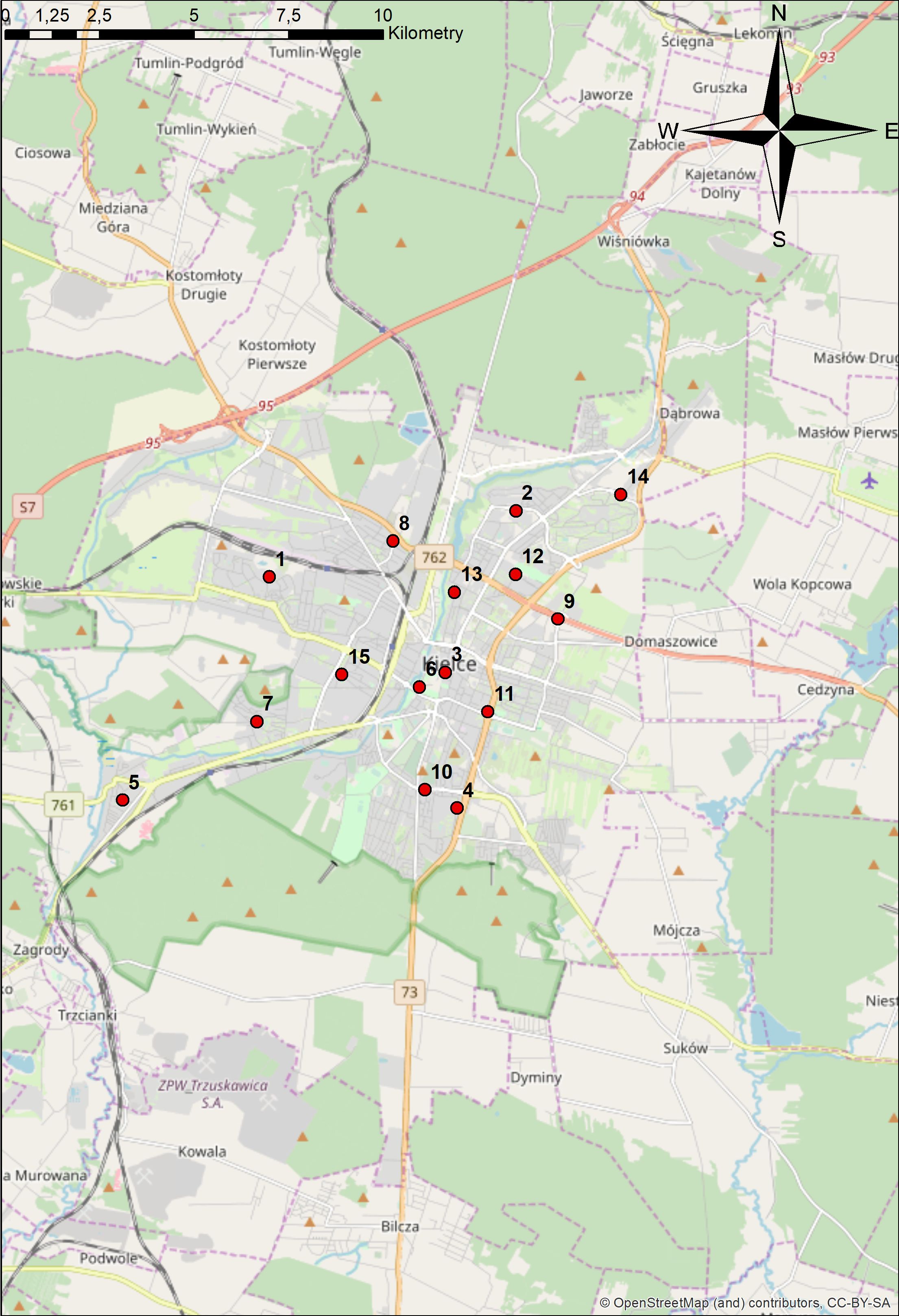 Mapa 2. Lokalizacja punktów PEM w miejscowści Kielce.