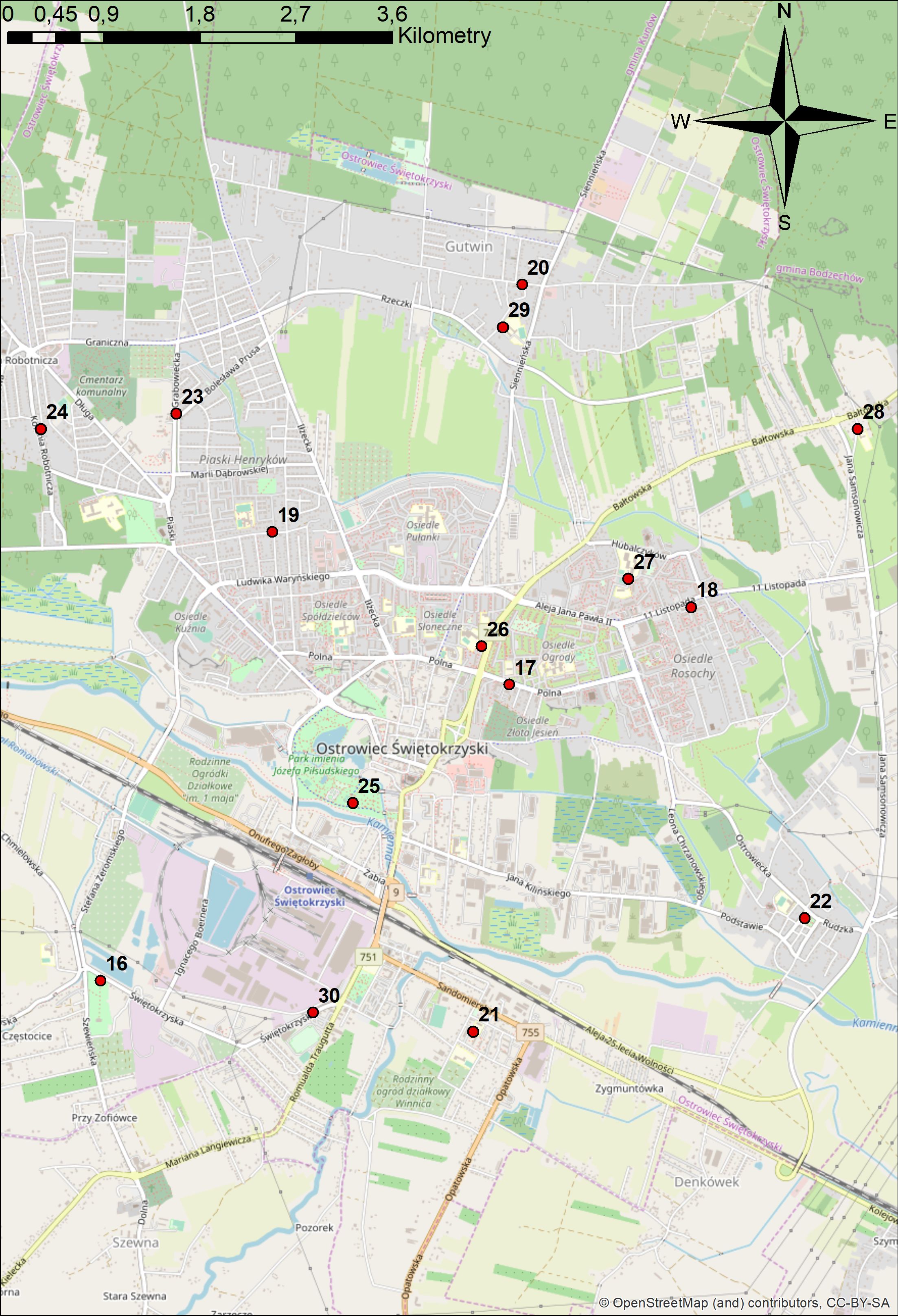 Mapa 3. Lokalizacja punktów PEM w miejscowości Ostrowiec Świętokrzyski.