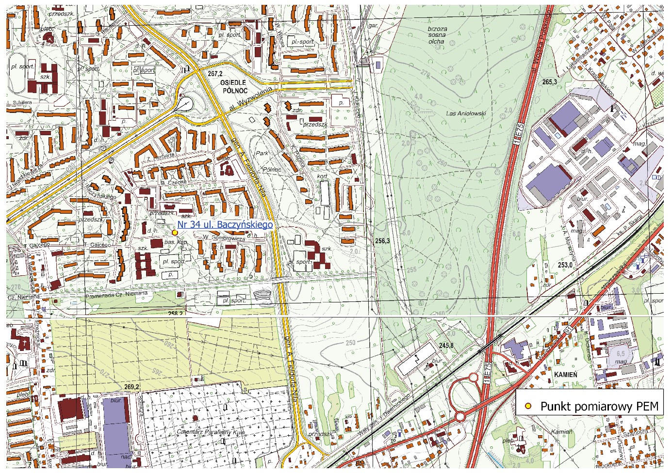 Mapa 7. Lokalizacja punktu pomiarowego nr 34, ul. Baczyńskiego, Częstochowa.