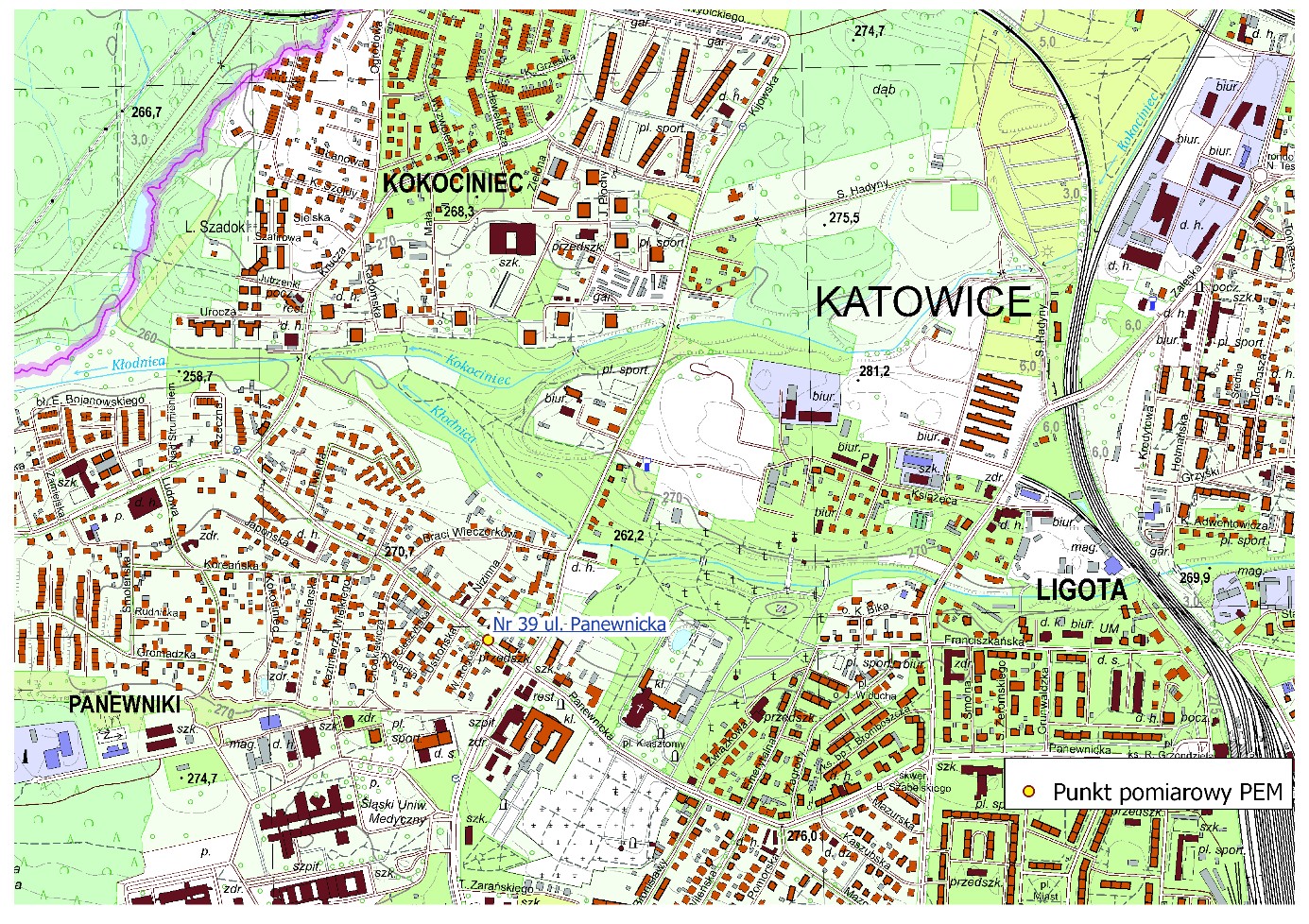 Mapa 4. Lokalizacja punktu pomiarowego nr 39, ul. Medyków, Katowice.