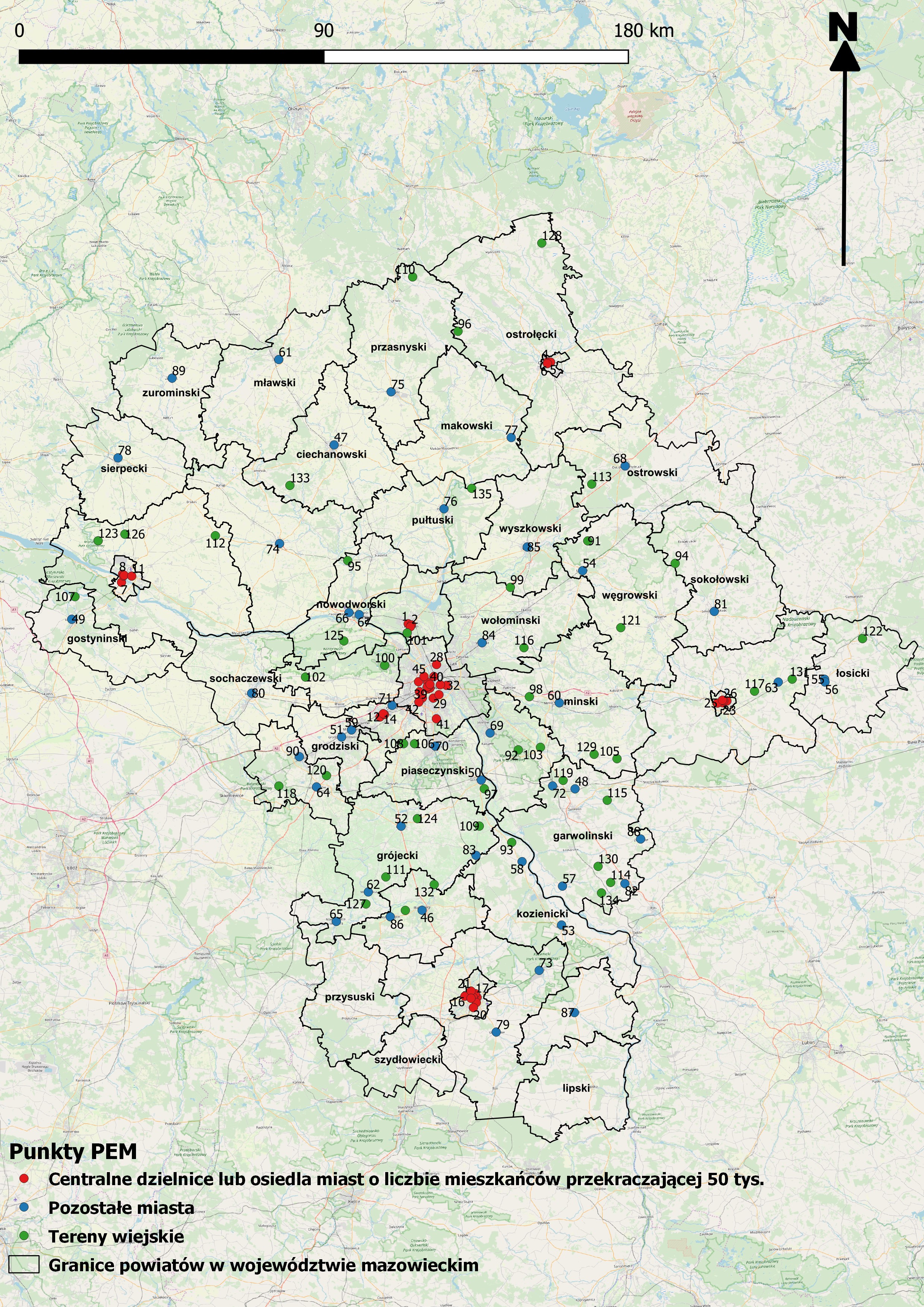 Mapa 1. Wizualizacja punktów pomiarowych w woj. mazowieckim.