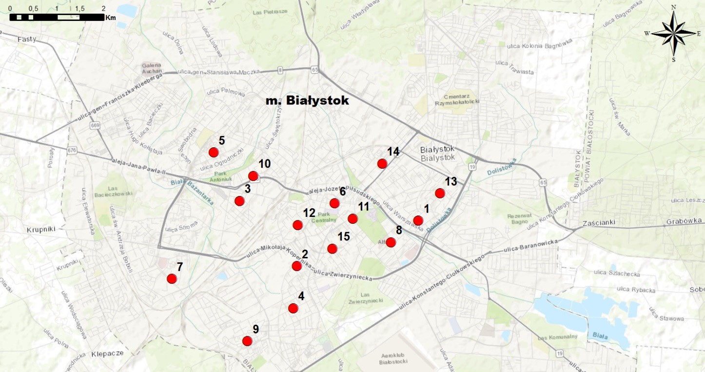 Mapa 2. Lokalizacja punktów PEM w mieście Białystok.