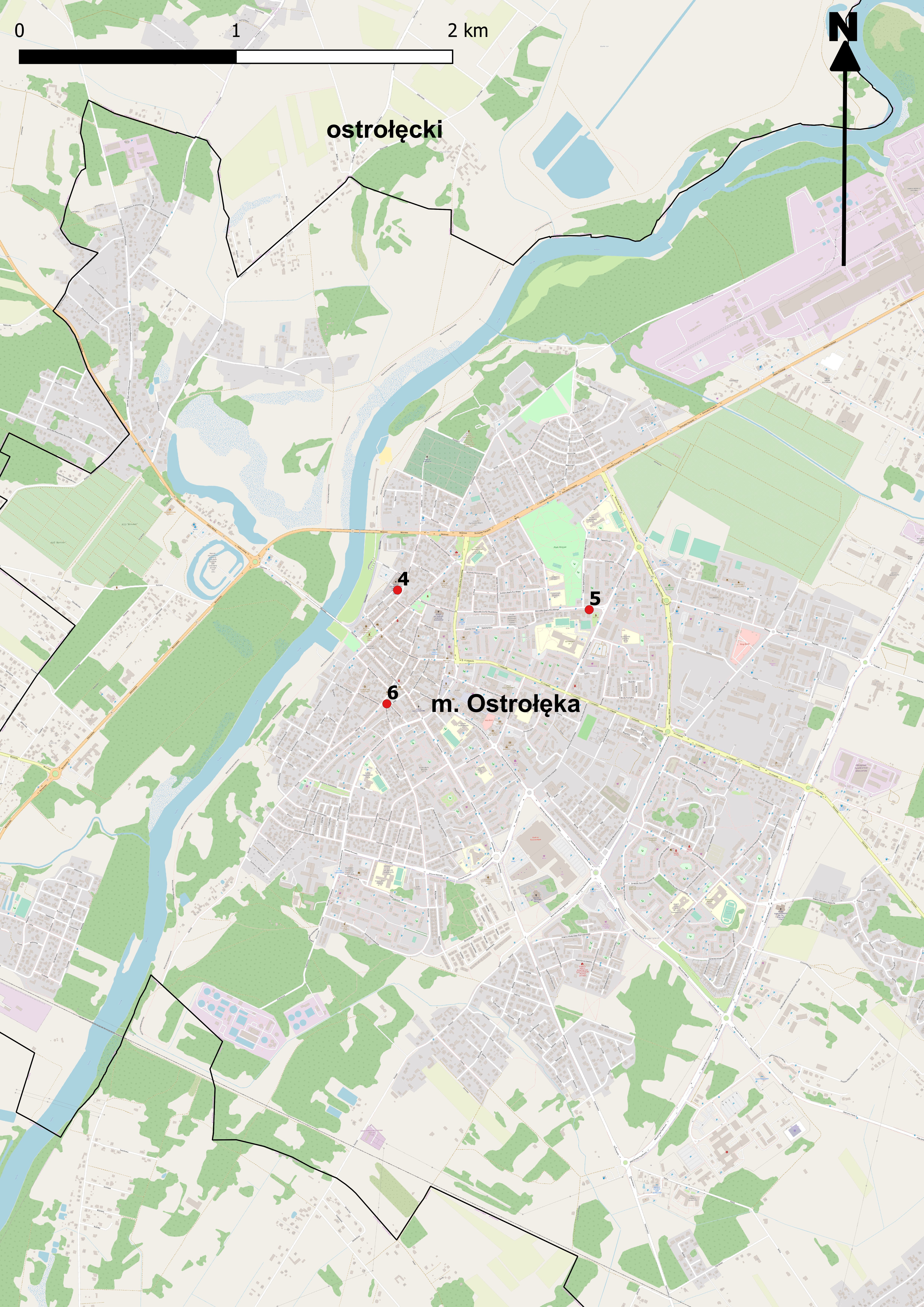 Mapa 6. Lokalizacja punktów PEM w miejscowości Ostrołęka.