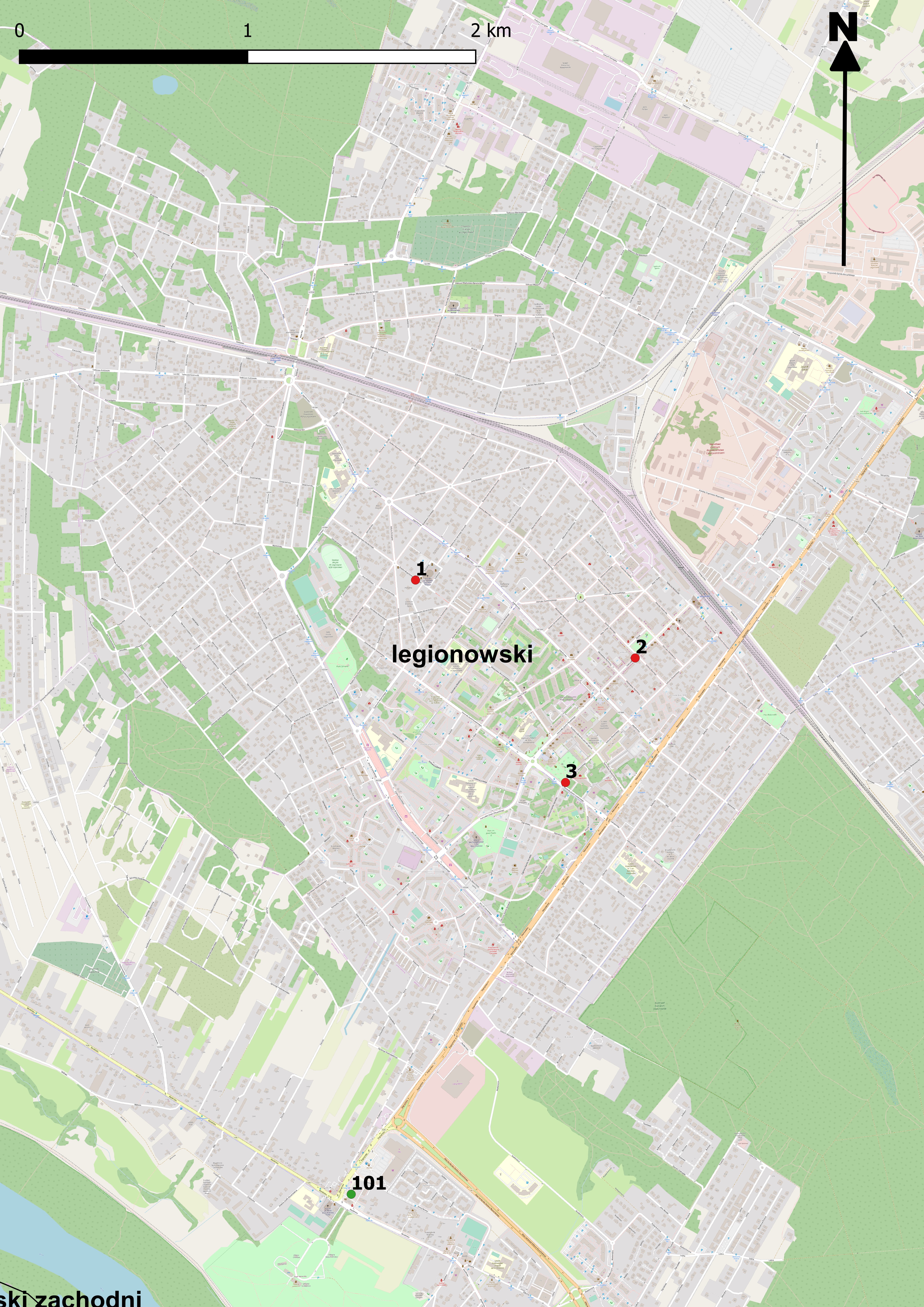 Mapa 7. Lokalizacja punktów PEM w miejscowości Legionowo.