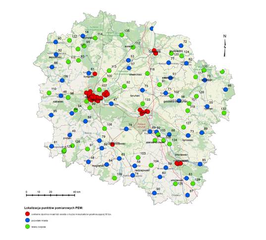 Ryc. 1. Lokalizacja punktów pomiarowych PEM w województwie kujawsko-pomorskim