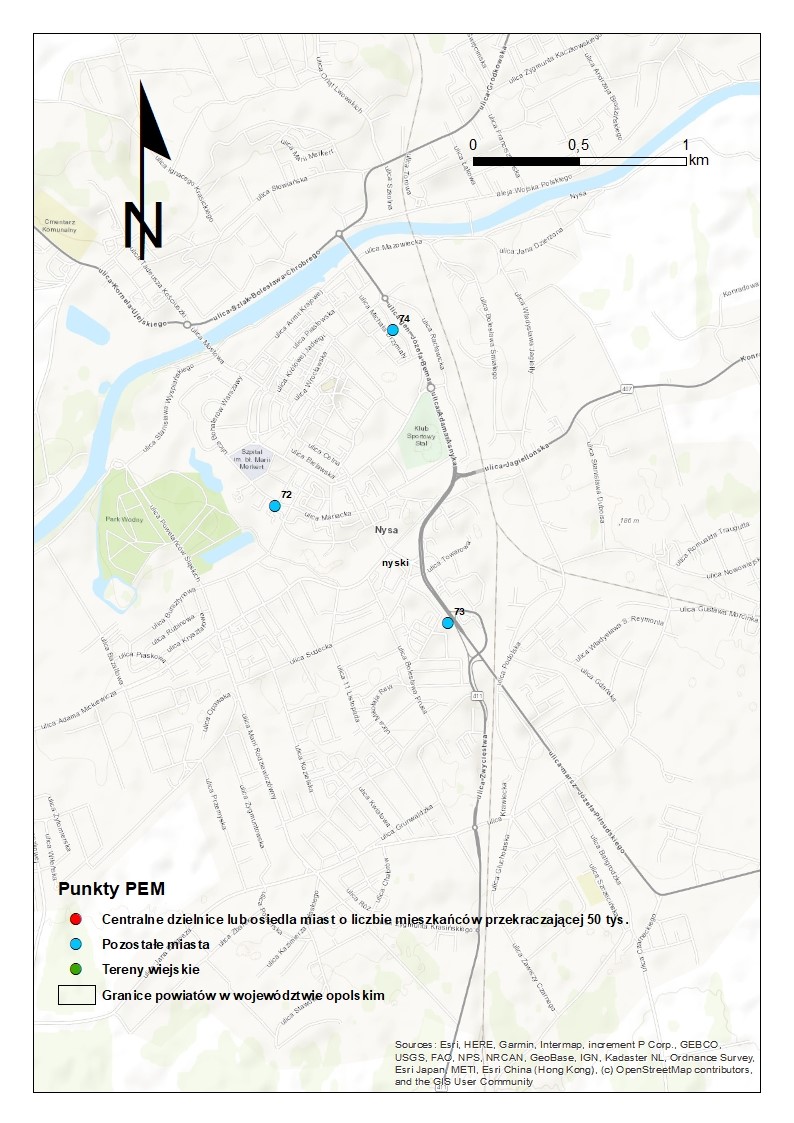 Mapa 9. Lokalizacja punktów pomiarowych PEM w Nysie.