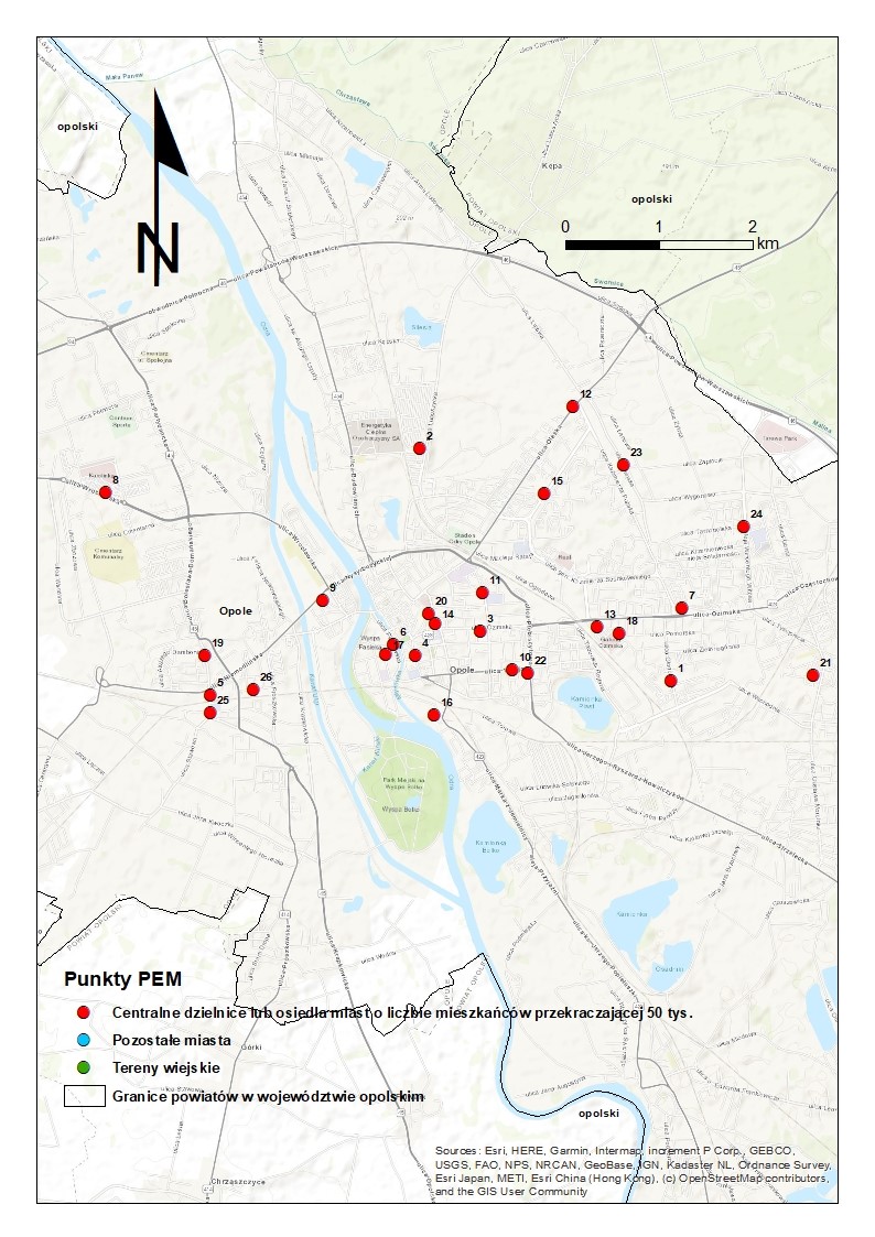 Mapa 2. Lokalizacja punktów pomiarowych PEM w Opolu.