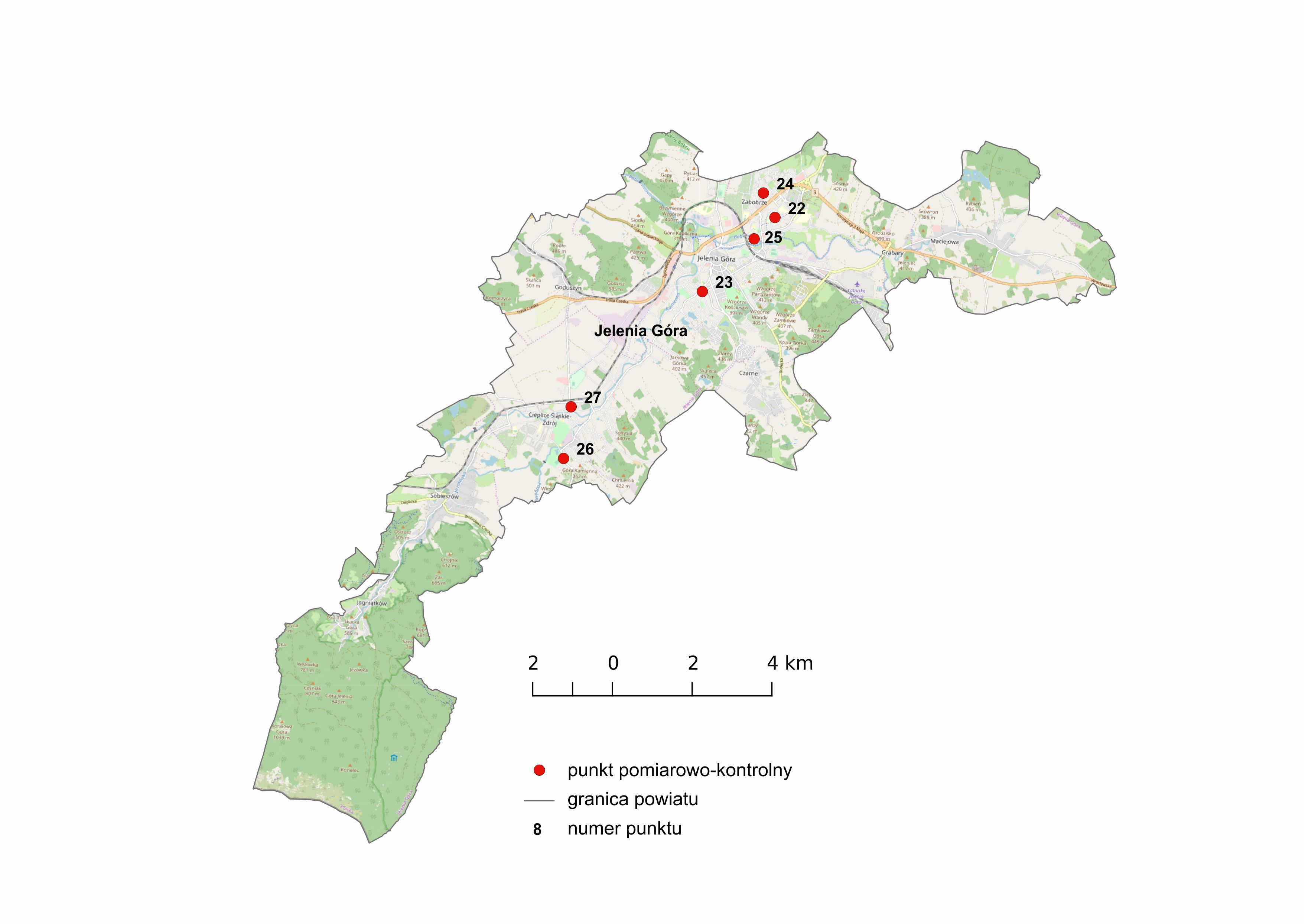 Mapa 4. Lokalizacja punktów pomiarowych PEM w Jeleniej Górze