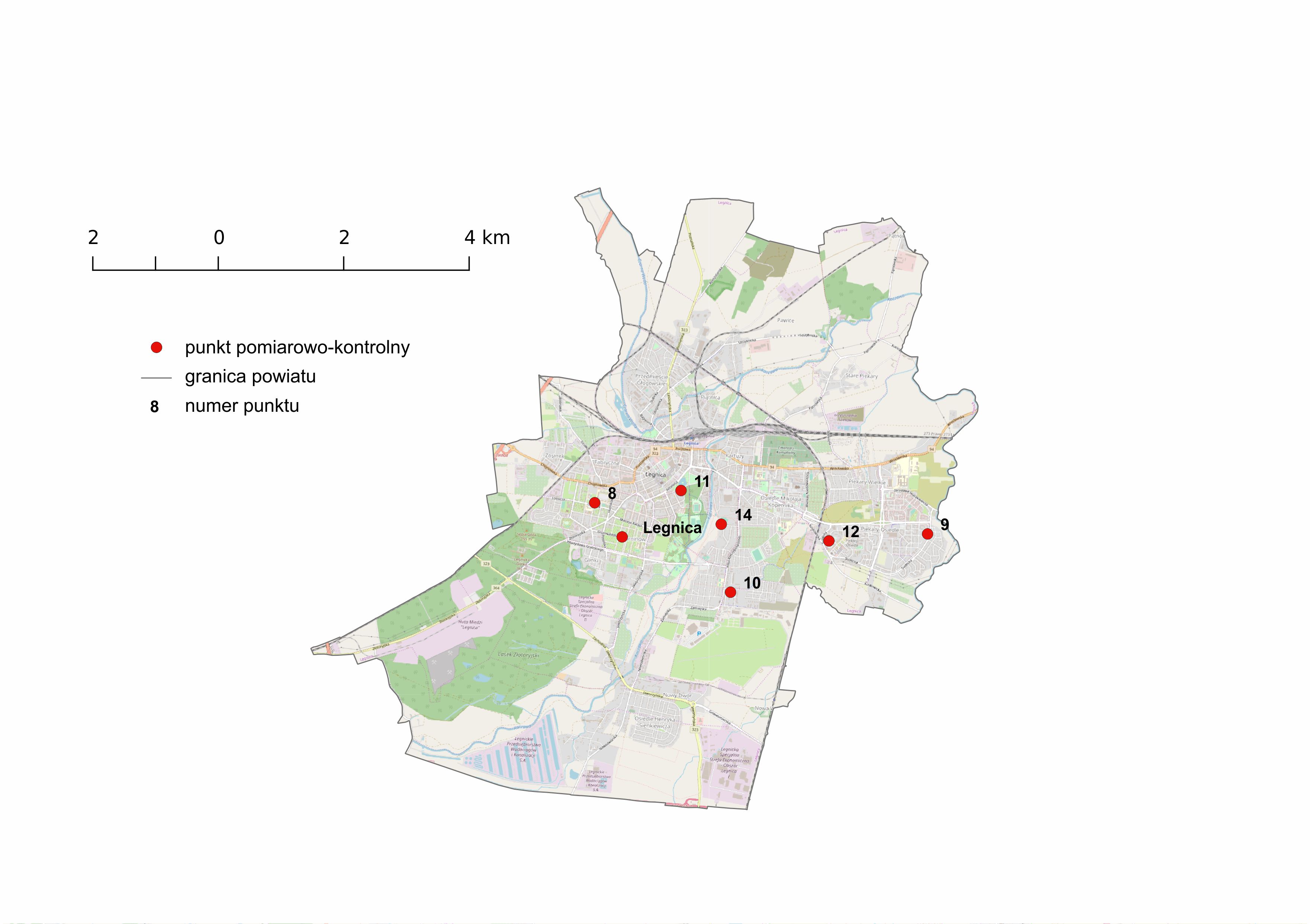 Mapa 3. Lokalizacja punktów pomiarowych PEM w Legnicy