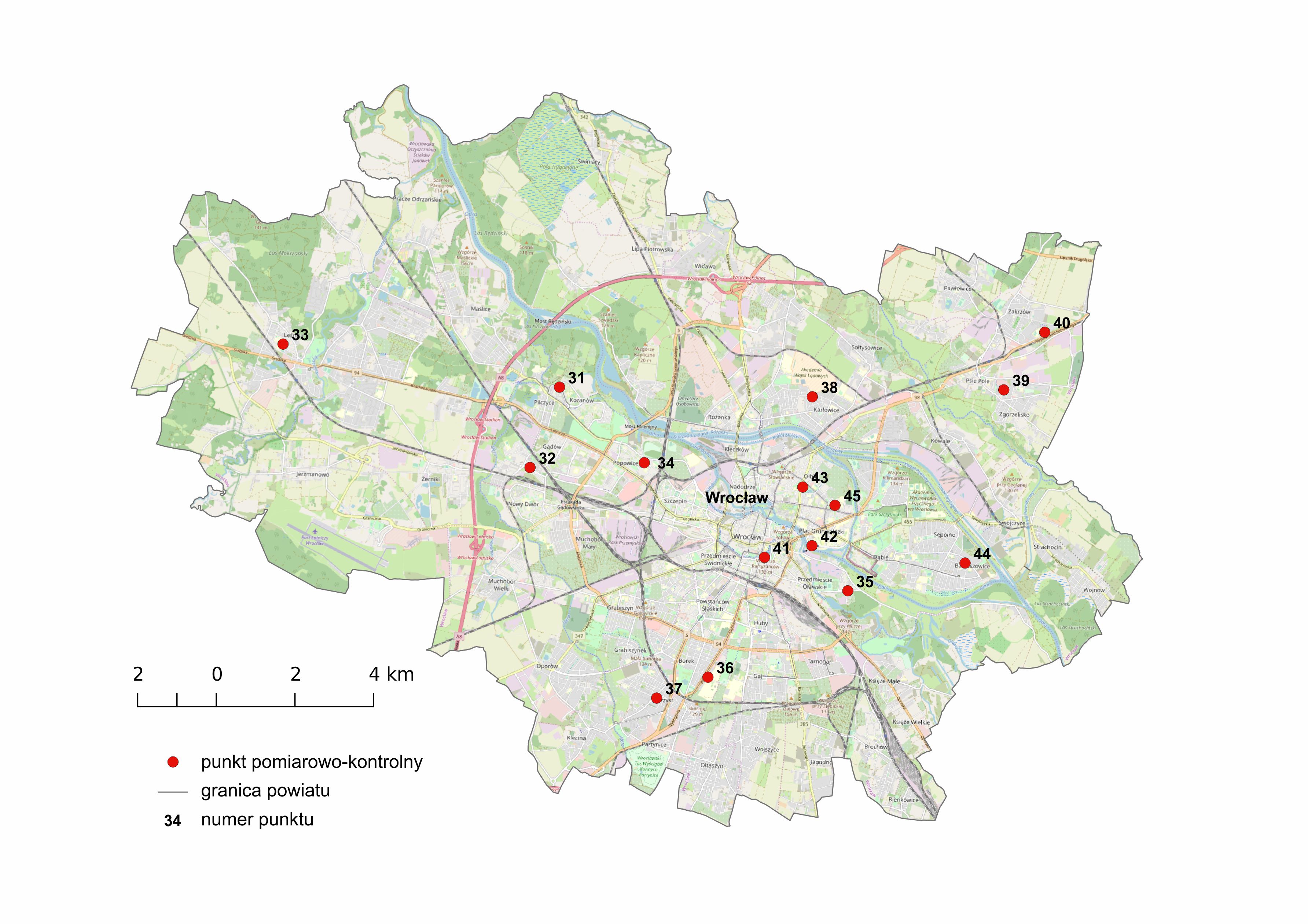 Mapa 2. Lokalizacja punktów pomiarowych PEM we Wrocławiu