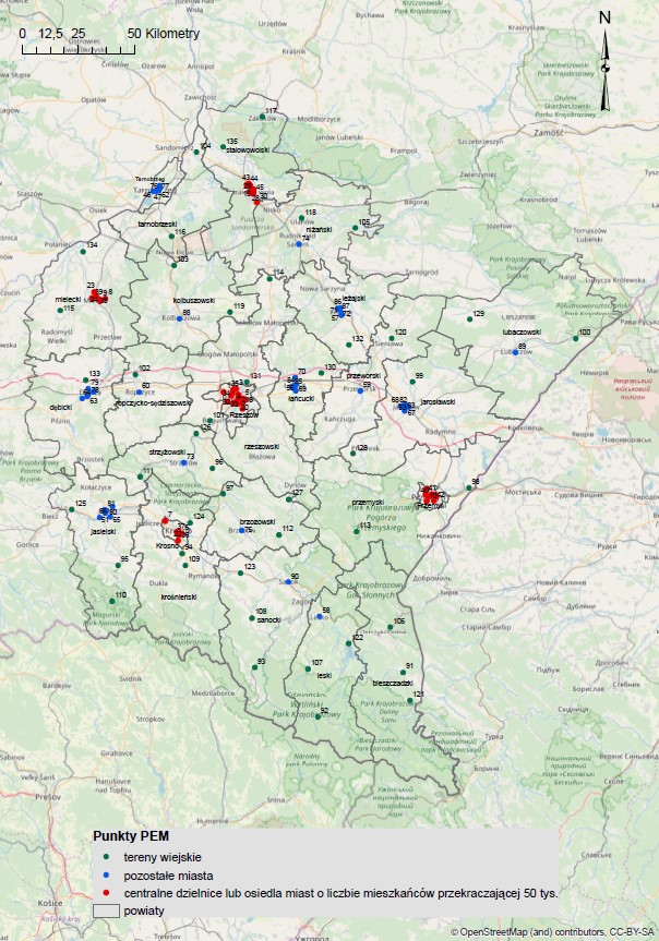 Mapa 1. Wizualizacja punktów pomiarowych w województwie podkarpackim