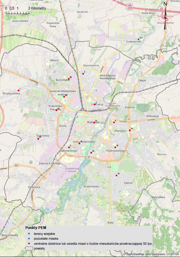 Mapa 2. Lokalizacja punktów PEM w Rzeszowie