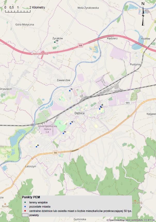 Mapa 3. Lokalizacja punktów PEM w Dębicy