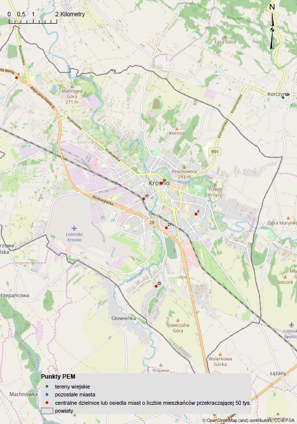 Mapa 5. Lokalizacja punktów PEM w Krośnie
