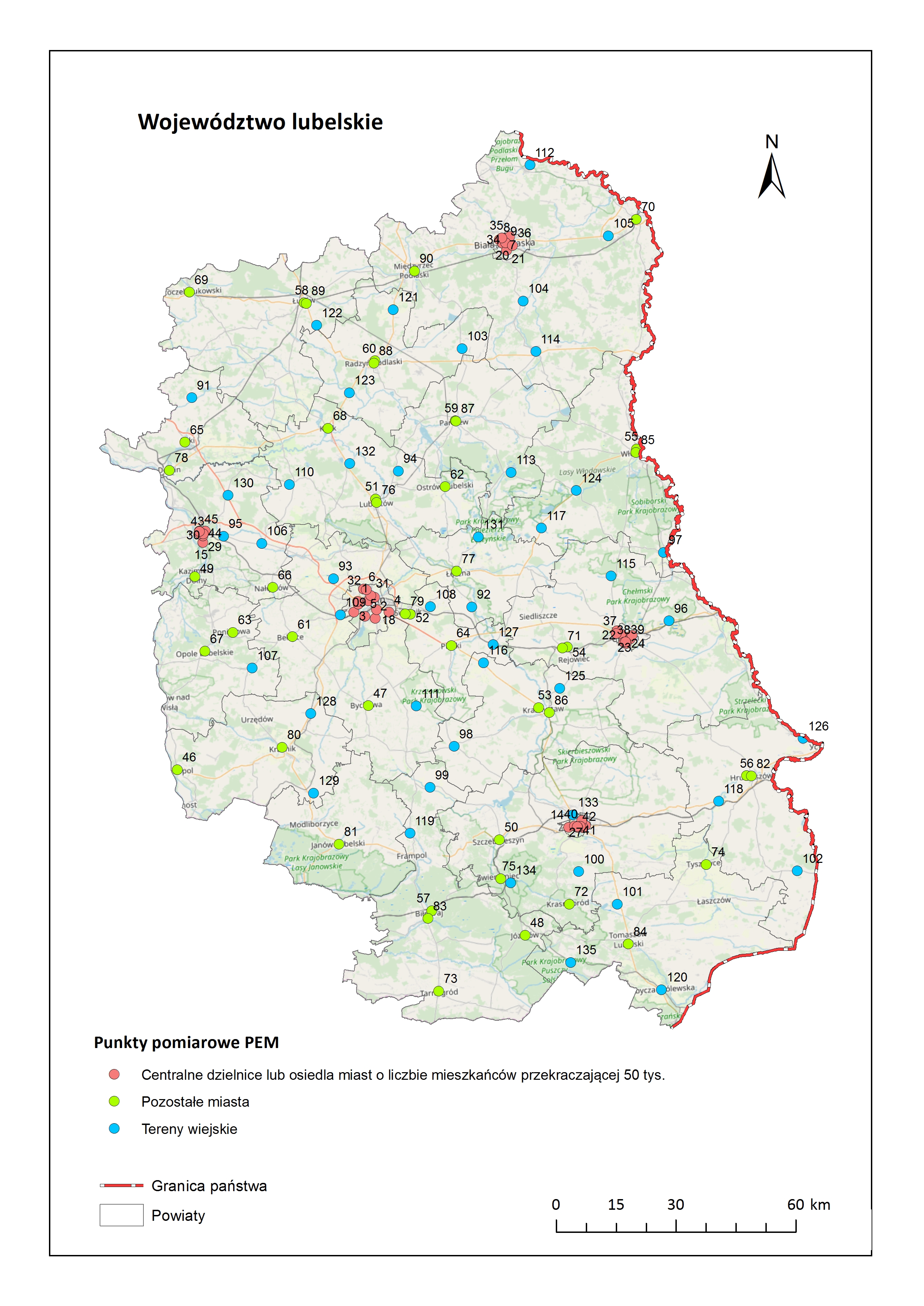 Mapa 1. Wizualizacja lokalizacji punktów pomiarowych PEM w woj. lubelskim
